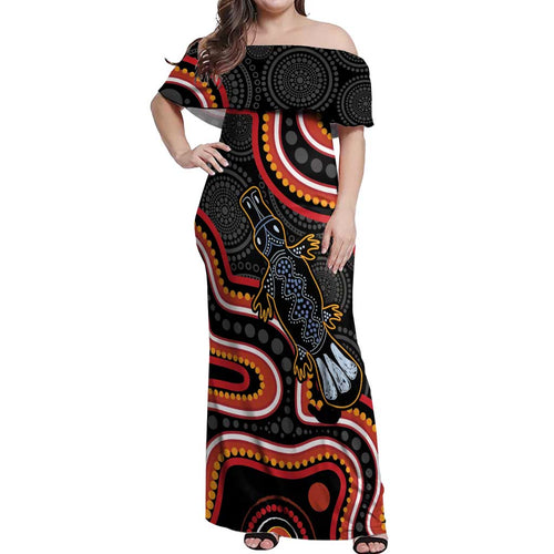 Indigenous Platypus Australia Off Shoulder Maxi Dress Australian Aboriginal Art Proud