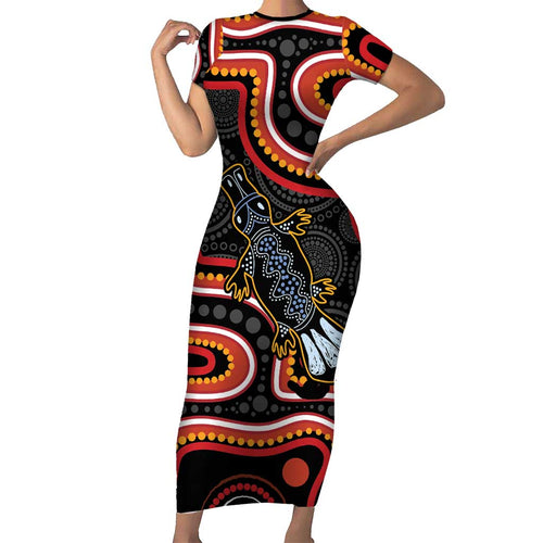 Indigenous Platypus Australia Short Sleeve Bodycon Dress Australian Aboriginal Art Proud