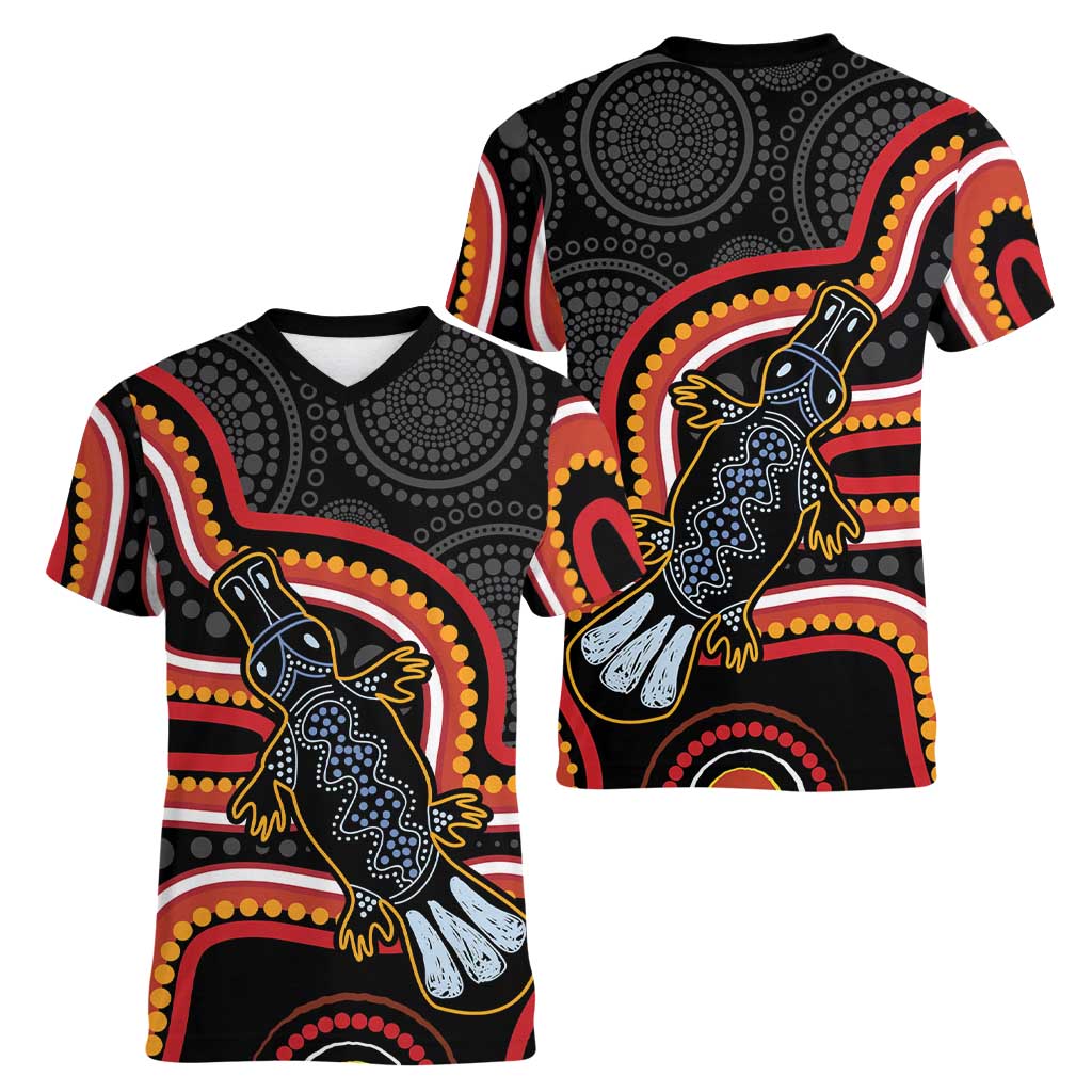 Indigenous Platypus Australia Women V-Neck T-Shirt Australian Aboriginal Art Proud