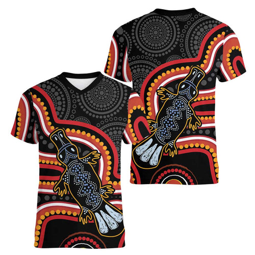 Indigenous Platypus Australia Women V-Neck T-Shirt Australian Aboriginal Art Proud