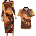 Indigenous Dingo Australia Couples Matching Long Sleeve Bodycon Dress and Hawaiian Shirt Australian Aboriginal Art Proud
