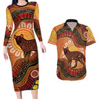 Indigenous Dingo Australia Couples Matching Long Sleeve Bodycon Dress and Hawaiian Shirt Australian Aboriginal Art Proud