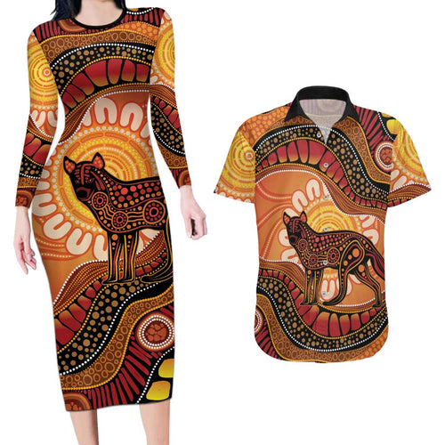 Indigenous Dingo Australia Couples Matching Long Sleeve Bodycon Dress and Hawaiian Shirt Australian Aboriginal Art Proud