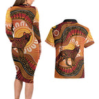 Indigenous Dingo Australia Couples Matching Long Sleeve Bodycon Dress and Hawaiian Shirt Australian Aboriginal Art Proud