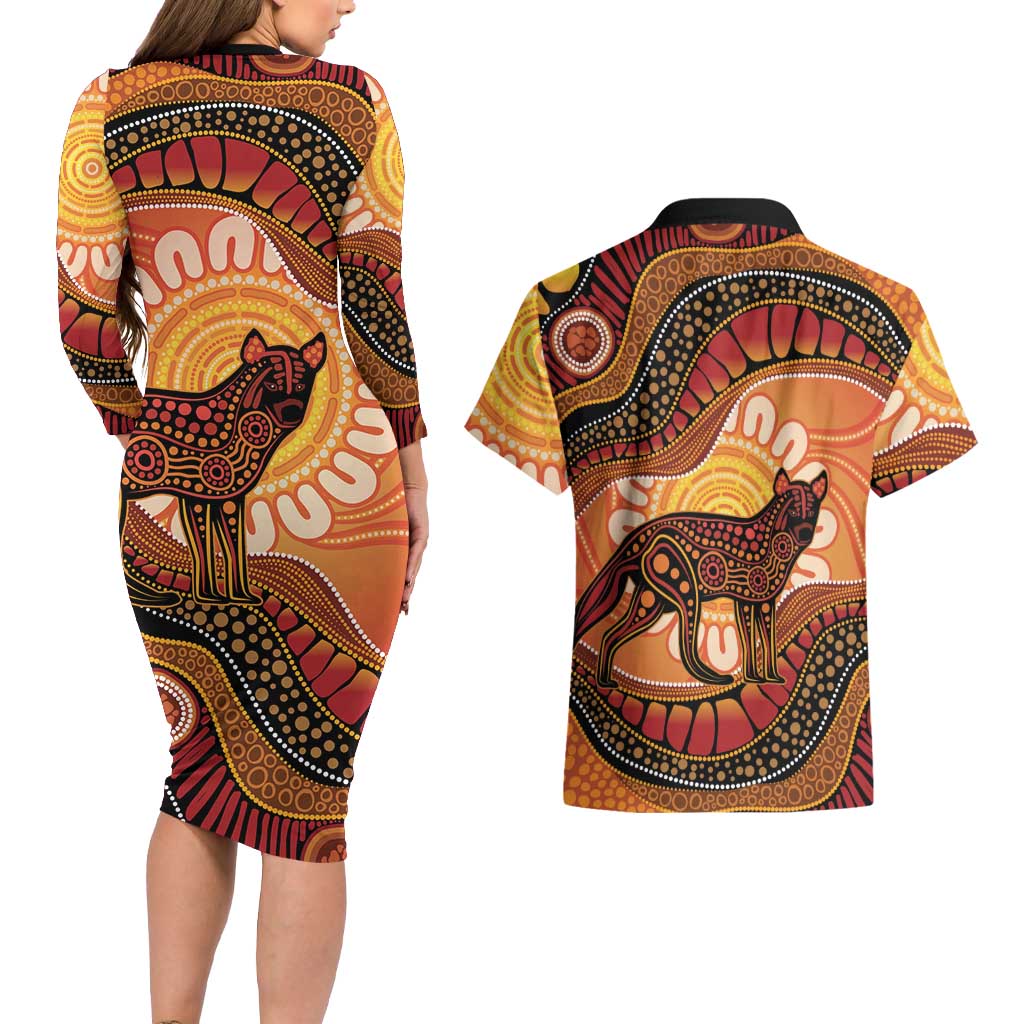Indigenous Dingo Australia Couples Matching Long Sleeve Bodycon Dress and Hawaiian Shirt Australian Aboriginal Art Proud