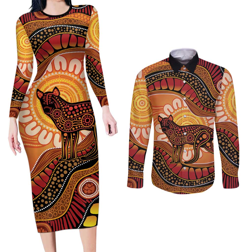 Indigenous Dingo Australia Couples Matching Long Sleeve Bodycon Dress and Long Sleeve Button Shirt Australian Aboriginal Art Proud