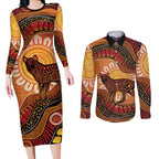 Indigenous Dingo Australia Couples Matching Long Sleeve Bodycon Dress and Long Sleeve Button Shirt Australian Aboriginal Art Proud