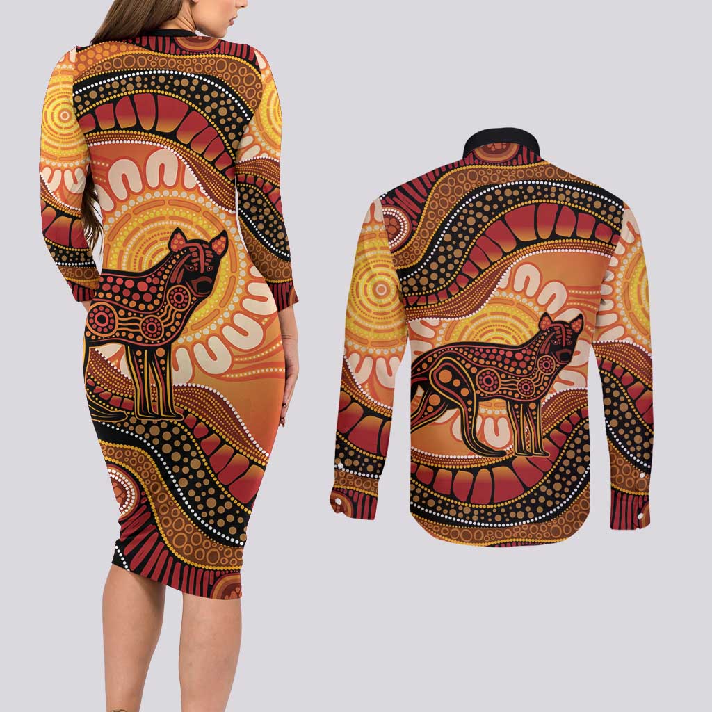 Indigenous Dingo Australia Couples Matching Long Sleeve Bodycon Dress and Long Sleeve Button Shirt Australian Aboriginal Art Proud