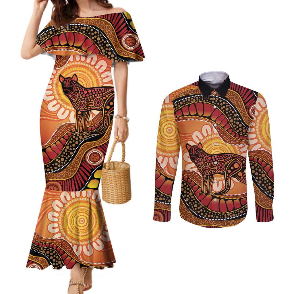 Indigenous Dingo Australia Couples Matching Mermaid Dress and Long Sleeve Button Shirt Australian Aboriginal Art Proud