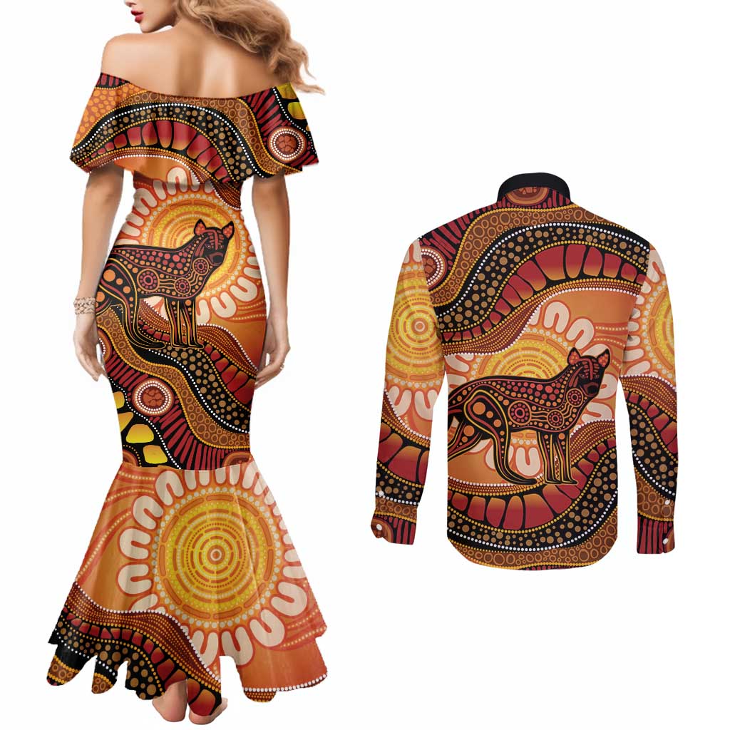 Indigenous Dingo Australia Couples Matching Mermaid Dress and Long Sleeve Button Shirt Australian Aboriginal Art Proud