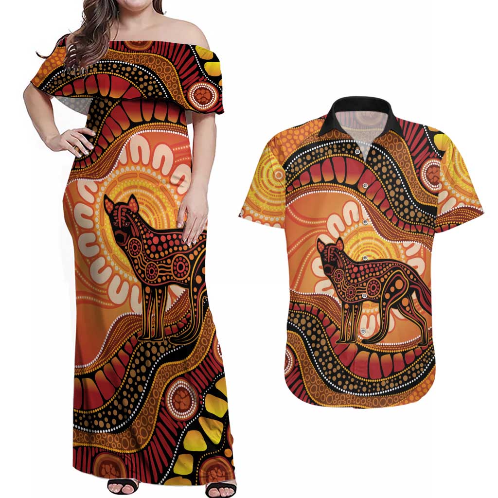 Indigenous Dingo Australia Couples Matching Off Shoulder Maxi Dress and Hawaiian Shirt Australian Aboriginal Art Proud