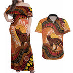Indigenous Dingo Australia Couples Matching Off Shoulder Maxi Dress and Hawaiian Shirt Australian Aboriginal Art Proud