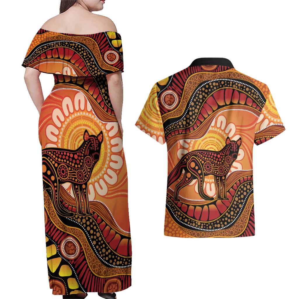 Indigenous Dingo Australia Couples Matching Off Shoulder Maxi Dress and Hawaiian Shirt Australian Aboriginal Art Proud