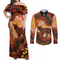 Indigenous Dingo Australia Couples Matching Off Shoulder Maxi Dress and Long Sleeve Button Shirt Australian Aboriginal Art Proud
