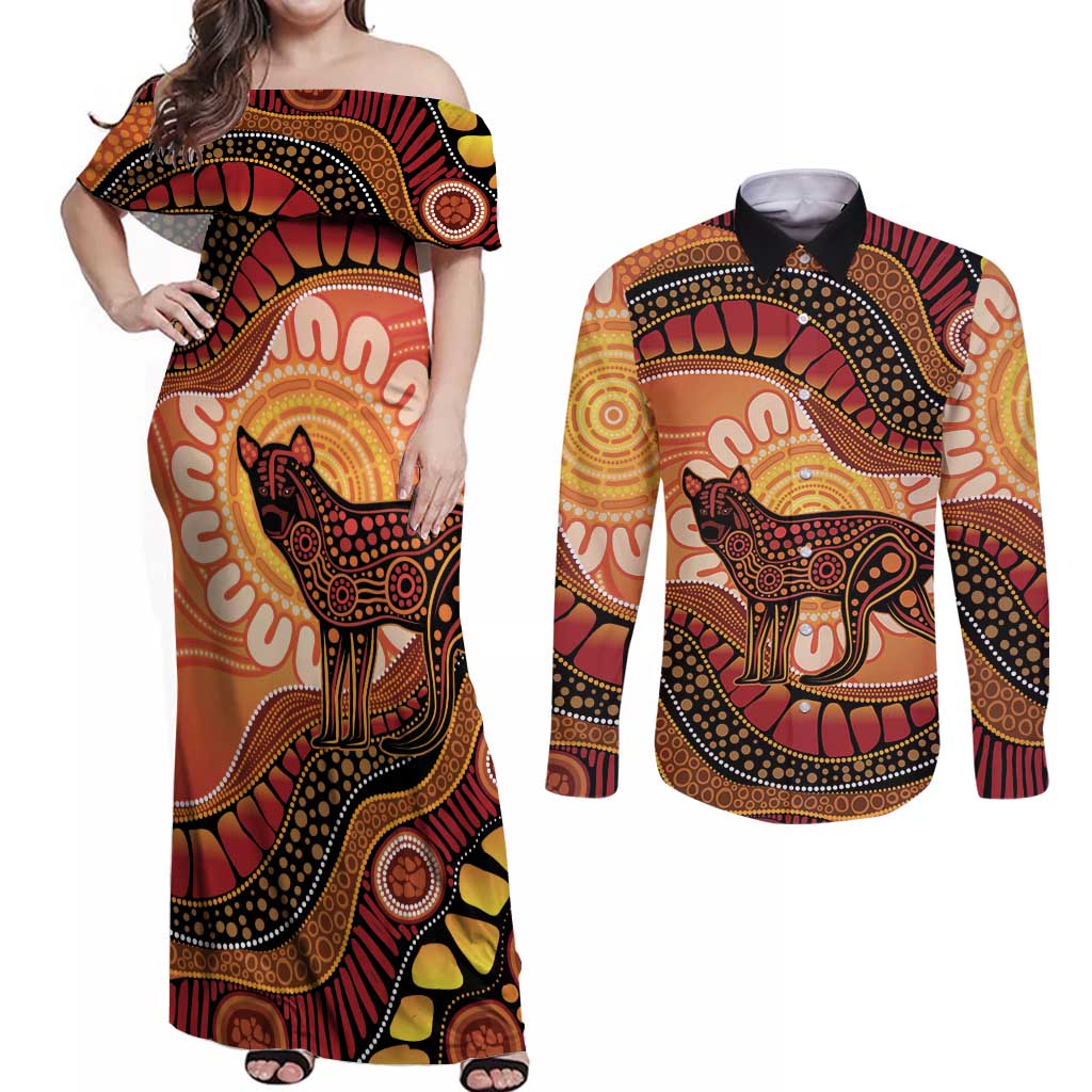 Indigenous Dingo Australia Couples Matching Off Shoulder Maxi Dress and Long Sleeve Button Shirt Australian Aboriginal Art Proud
