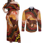 Indigenous Dingo Australia Couples Matching Off Shoulder Maxi Dress and Long Sleeve Button Shirt Australian Aboriginal Art Proud