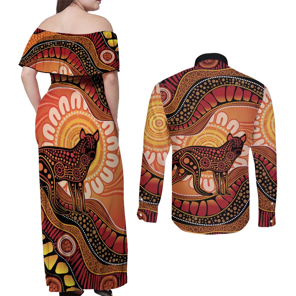 Indigenous Dingo Australia Couples Matching Off Shoulder Maxi Dress and Long Sleeve Button Shirt Australian Aboriginal Art Proud