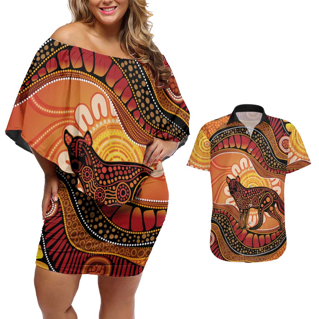 Indigenous Dingo Australia Couples Matching Off Shoulder Short Dress and Hawaiian Shirt Australian Aboriginal Art Proud
