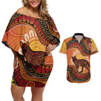 Indigenous Dingo Australia Couples Matching Off Shoulder Short Dress and Hawaiian Shirt Australian Aboriginal Art Proud