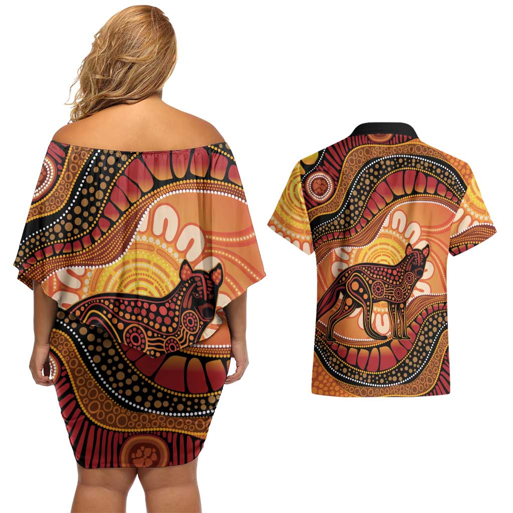 Indigenous Dingo Australia Couples Matching Off Shoulder Short Dress and Hawaiian Shirt Australian Aboriginal Art Proud