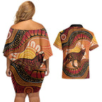 Indigenous Dingo Australia Couples Matching Off Shoulder Short Dress and Hawaiian Shirt Australian Aboriginal Art Proud