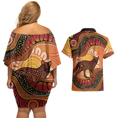 Indigenous Dingo Australia Couples Matching Off Shoulder Short Dress and Hawaiian Shirt Australian Aboriginal Art Proud
