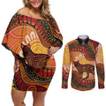 Indigenous Dingo Australia Couples Matching Off Shoulder Short Dress and Long Sleeve Button Shirt Australian Aboriginal Art Proud