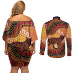 Indigenous Dingo Australia Couples Matching Off Shoulder Short Dress and Long Sleeve Button Shirt Australian Aboriginal Art Proud