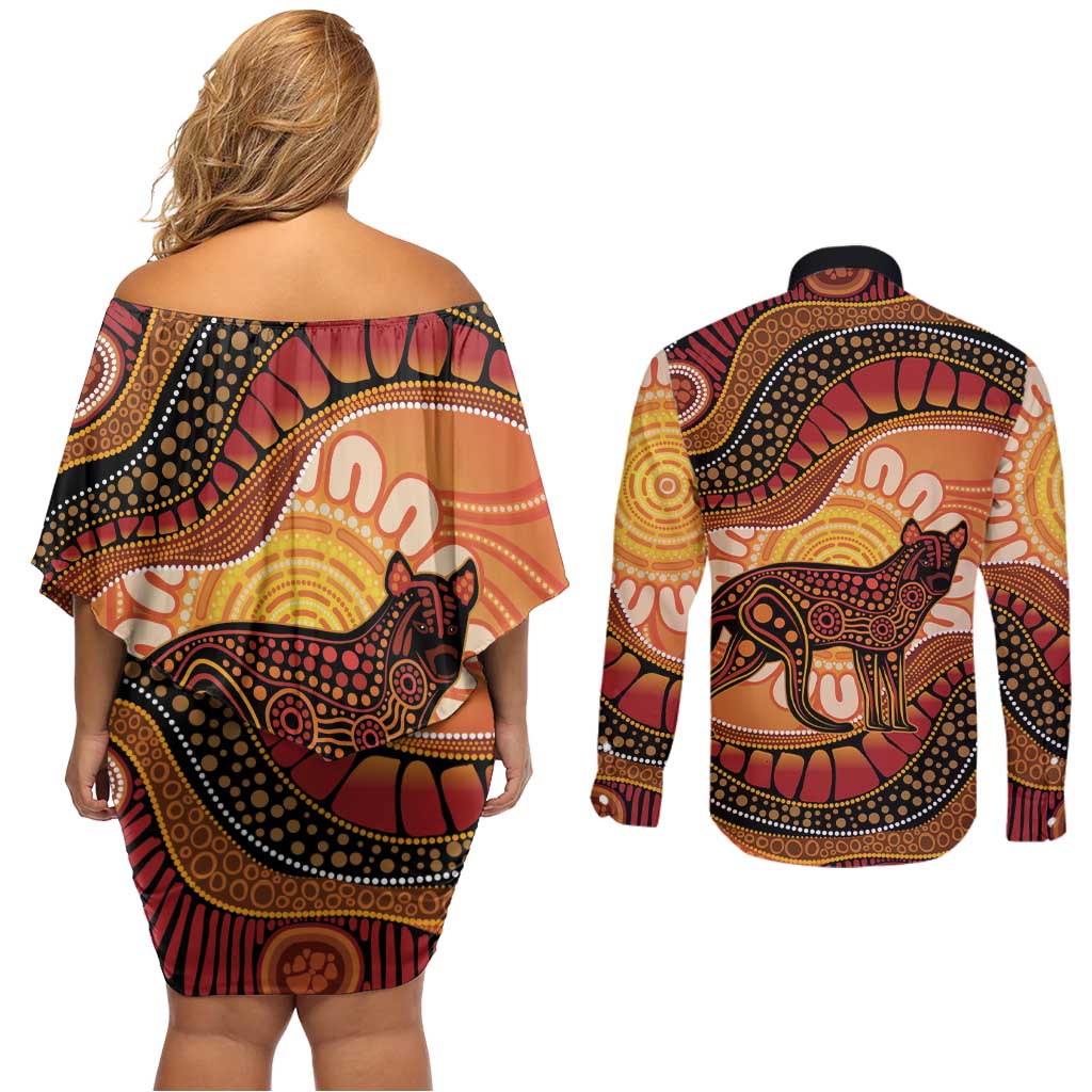 Indigenous Dingo Australia Couples Matching Off Shoulder Short Dress and Long Sleeve Button Shirt Australian Aboriginal Art Proud