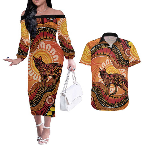 Indigenous Dingo Australia Couples Matching Off The Shoulder Long Sleeve Dress and Hawaiian Shirt Australian Aboriginal Art Proud