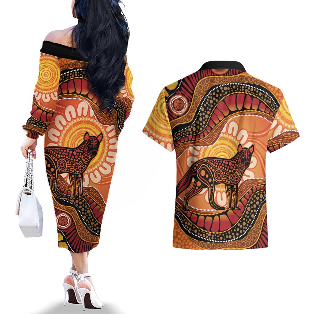 Indigenous Dingo Australia Couples Matching Off The Shoulder Long Sleeve Dress and Hawaiian Shirt Australian Aboriginal Art Proud