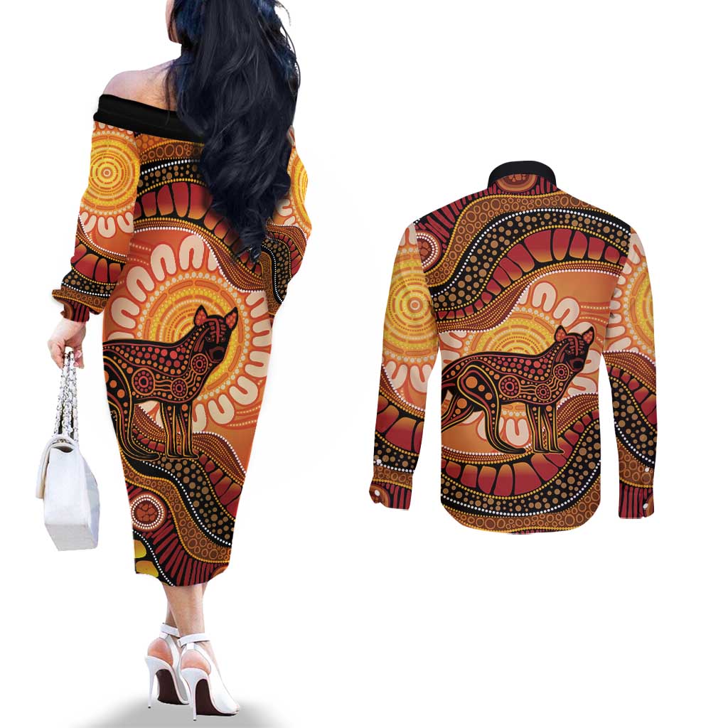 Indigenous Dingo Australia Couples Matching Off The Shoulder Long Sleeve Dress and Long Sleeve Button Shirt Australian Aboriginal Art Proud