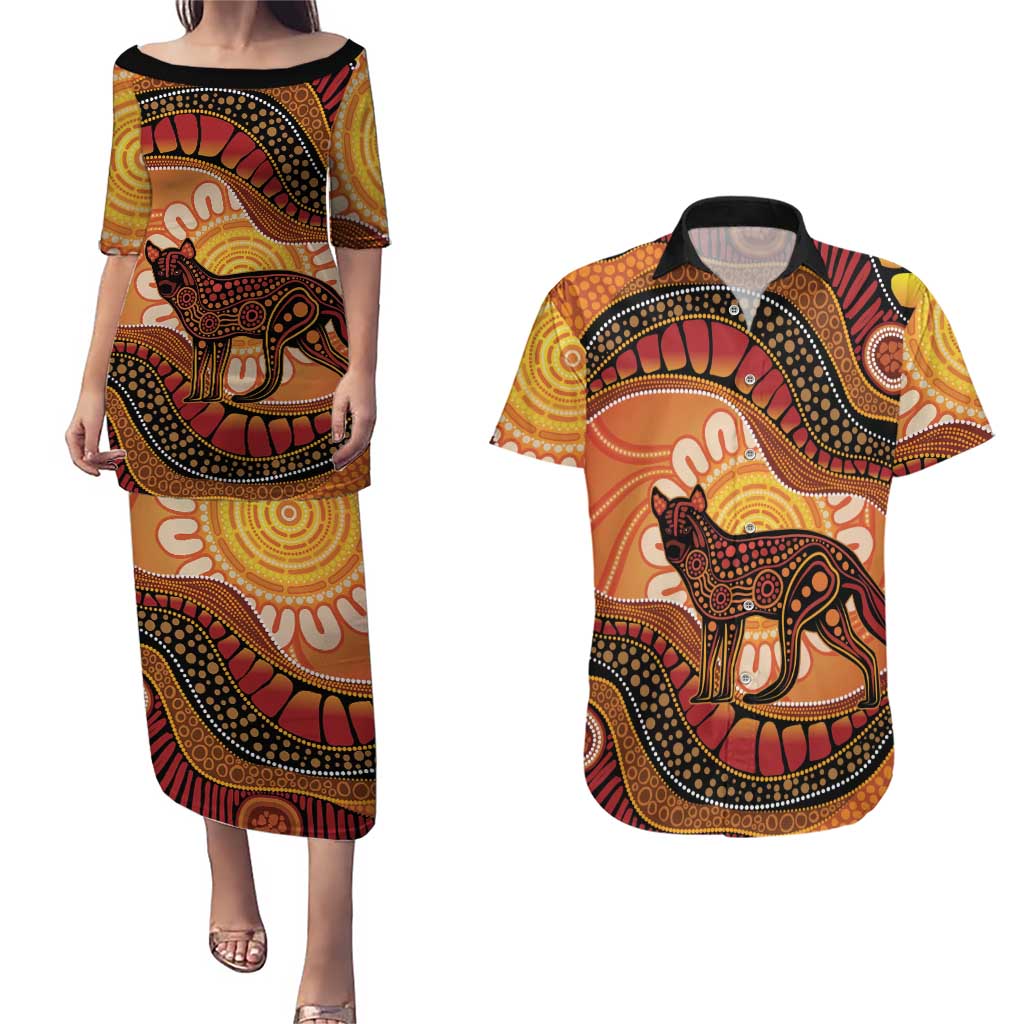 Indigenous Dingo Australia Couples Matching Puletasi and Hawaiian Shirt Australian Aboriginal Art Proud