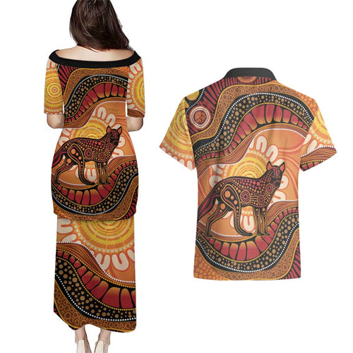 Indigenous Dingo Australia Couples Matching Puletasi and Hawaiian Shirt Australian Aboriginal Art Proud