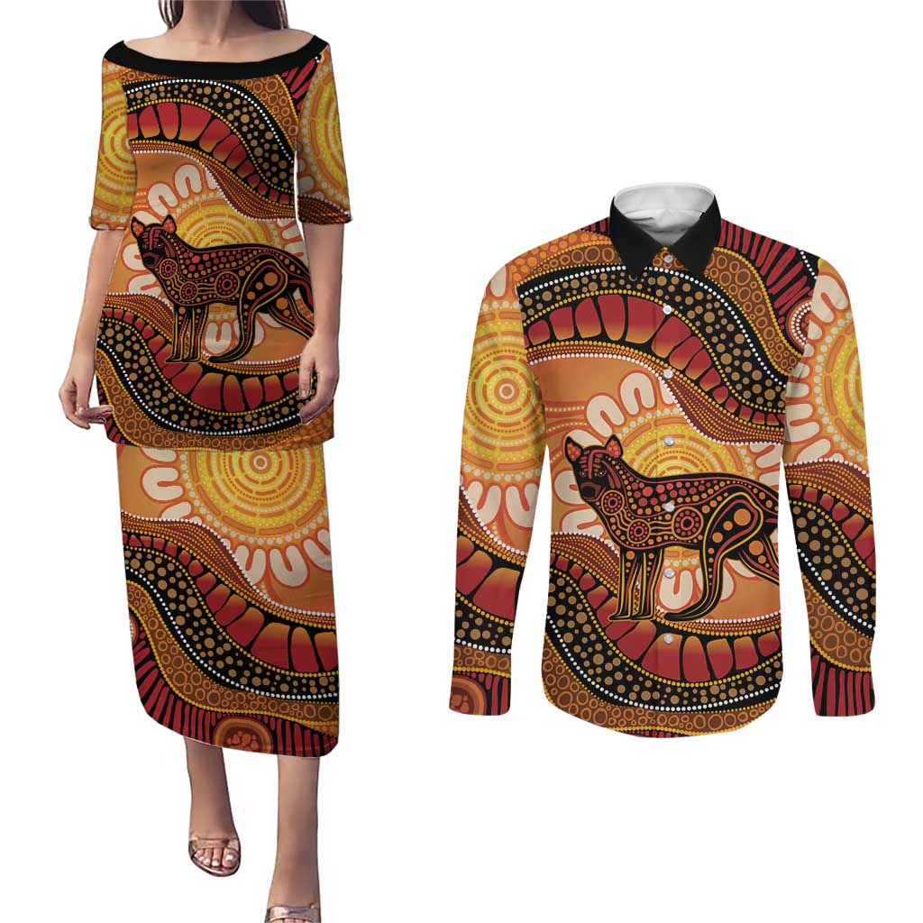 Indigenous Dingo Australia Couples Matching Puletasi and Long Sleeve Button Shirt Australian Aboriginal Art Proud