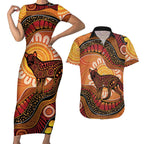 Indigenous Dingo Australia Couples Matching Short Sleeve Bodycon Dress and Hawaiian Shirt Australian Aboriginal Art Proud
