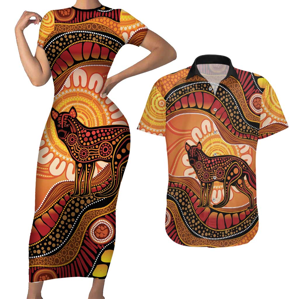 Indigenous Dingo Australia Couples Matching Short Sleeve Bodycon Dress and Hawaiian Shirt Australian Aboriginal Art Proud