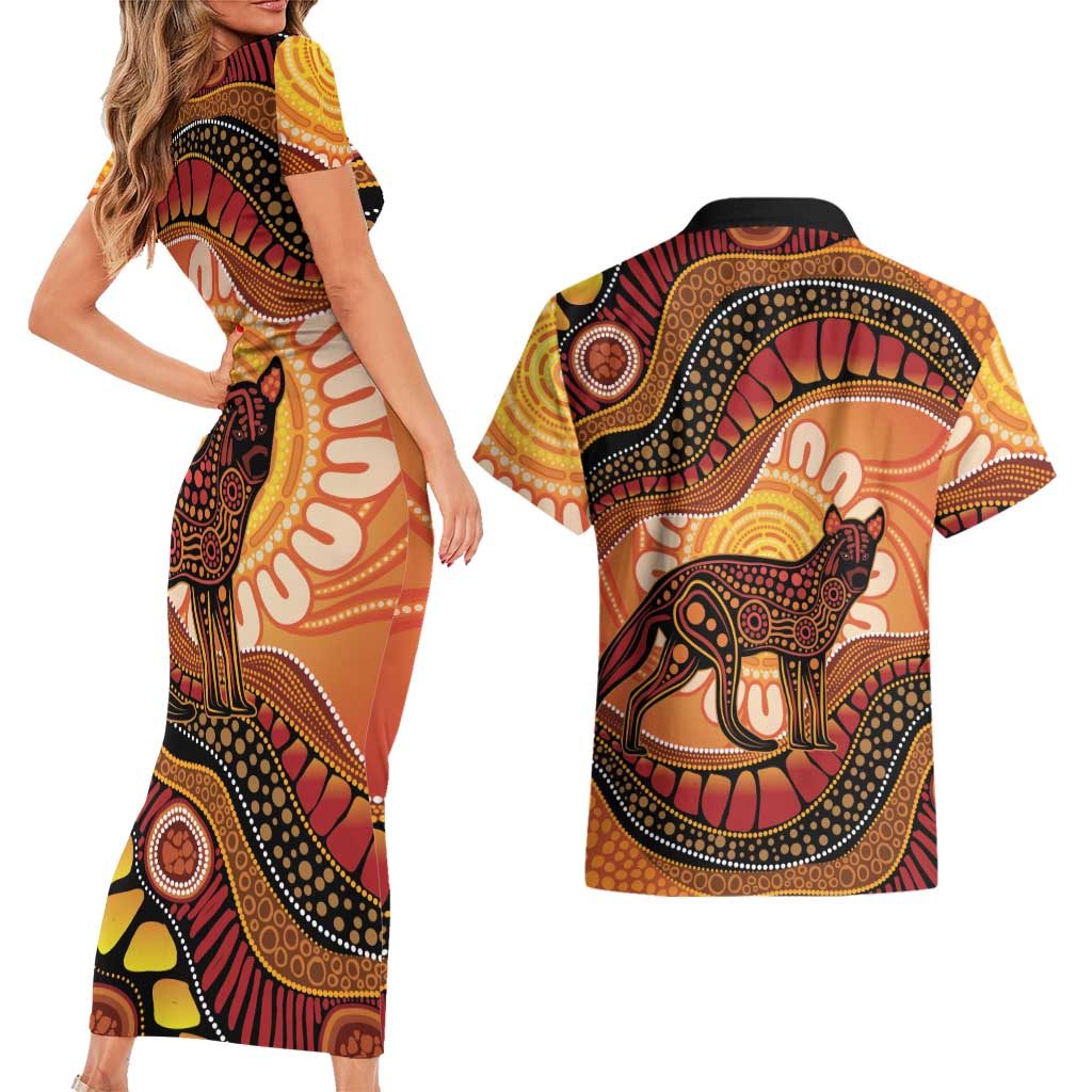 Indigenous Dingo Australia Couples Matching Short Sleeve Bodycon Dress and Hawaiian Shirt Australian Aboriginal Art Proud