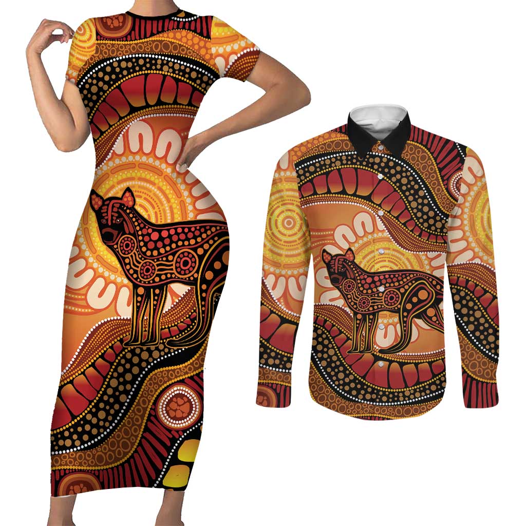 Indigenous Dingo Australia Couples Matching Short Sleeve Bodycon Dress and Long Sleeve Button Shirt Australian Aboriginal Art Proud