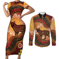 Indigenous Dingo Australia Couples Matching Short Sleeve Bodycon Dress and Long Sleeve Button Shirt Australian Aboriginal Art Proud