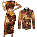 Indigenous Dingo Australia Couples Matching Short Sleeve Bodycon Dress and Long Sleeve Button Shirt Australian Aboriginal Art Proud