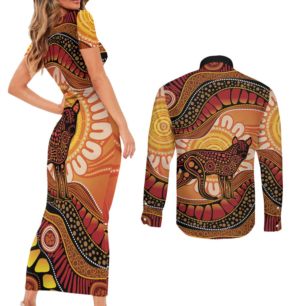 Indigenous Dingo Australia Couples Matching Short Sleeve Bodycon Dress and Long Sleeve Button Shirt Australian Aboriginal Art Proud