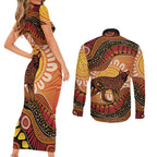 Indigenous Dingo Australia Couples Matching Short Sleeve Bodycon Dress and Long Sleeve Button Shirt Australian Aboriginal Art Proud