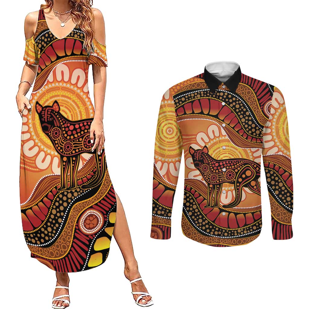 Indigenous Dingo Australia Couples Matching Summer Maxi Dress and Long Sleeve Button Shirt Australian Aboriginal Art Proud
