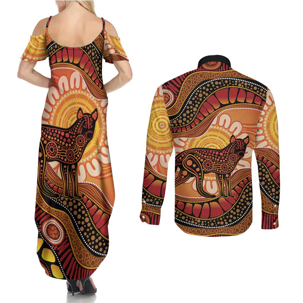 Indigenous Dingo Australia Couples Matching Summer Maxi Dress and Long Sleeve Button Shirt Australian Aboriginal Art Proud