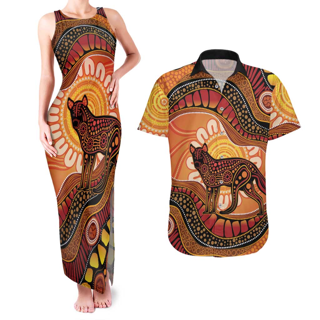 Indigenous Dingo Australia Couples Matching Tank Maxi Dress and Hawaiian Shirt Australian Aboriginal Art Proud