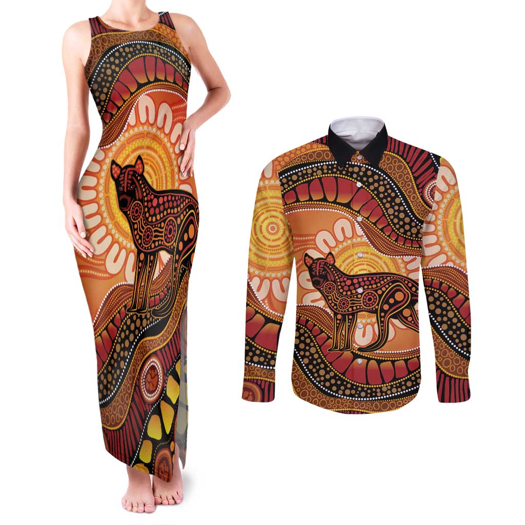 Indigenous Dingo Australia Couples Matching Tank Maxi Dress and Long Sleeve Button Shirt Australian Aboriginal Art Proud