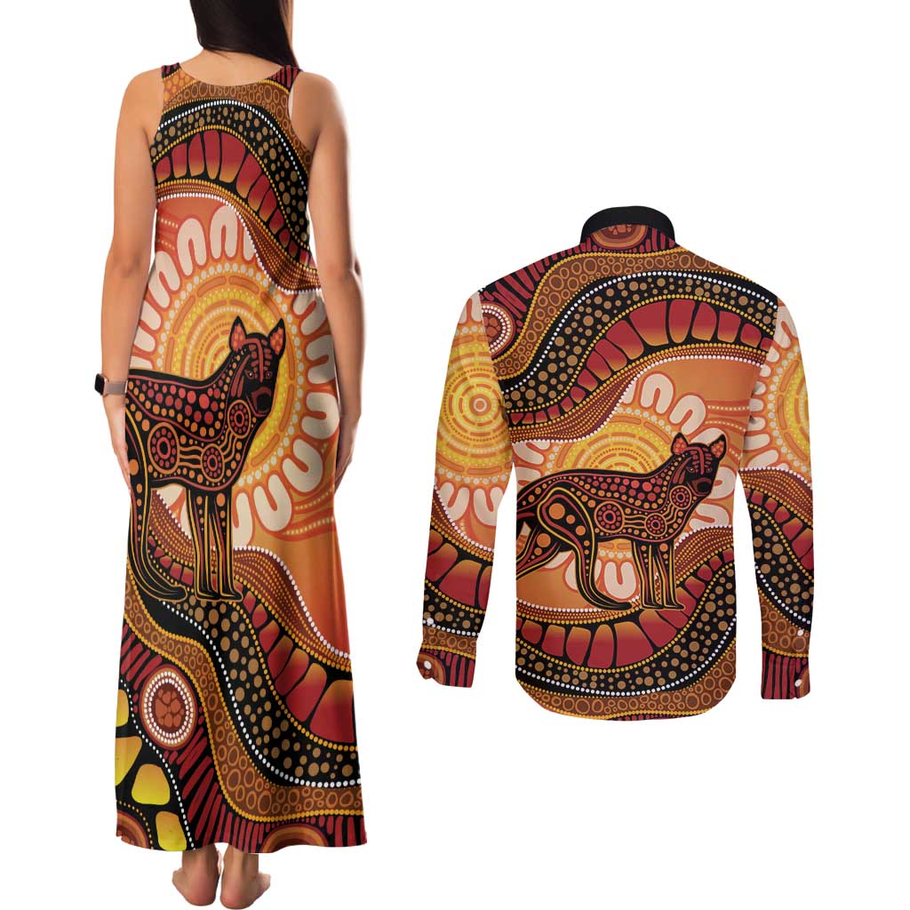 Indigenous Dingo Australia Couples Matching Tank Maxi Dress and Long Sleeve Button Shirt Australian Aboriginal Art Proud