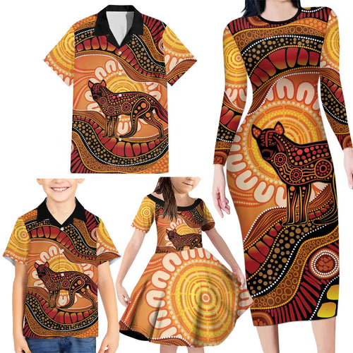 Indigenous Dingo Australia Family Matching Long Sleeve Bodycon Dress and Hawaiian Shirt Australian Aboriginal Art Proud