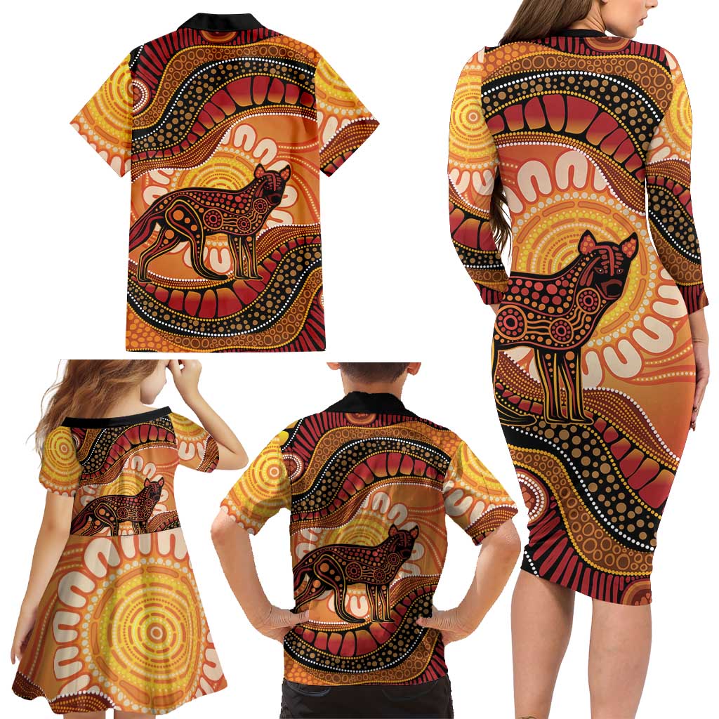 Indigenous Dingo Australia Family Matching Long Sleeve Bodycon Dress and Hawaiian Shirt Australian Aboriginal Art Proud